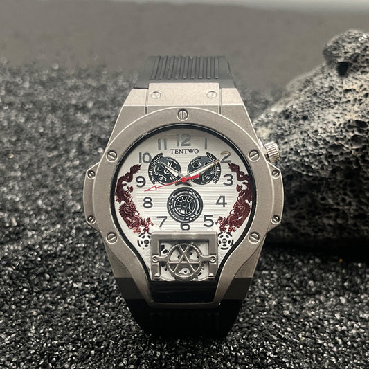 Men’s 46mm Dual Display Quartz Watch – Tonneau Dial Silicone Casual Sport Wristwatch – Multi-Color