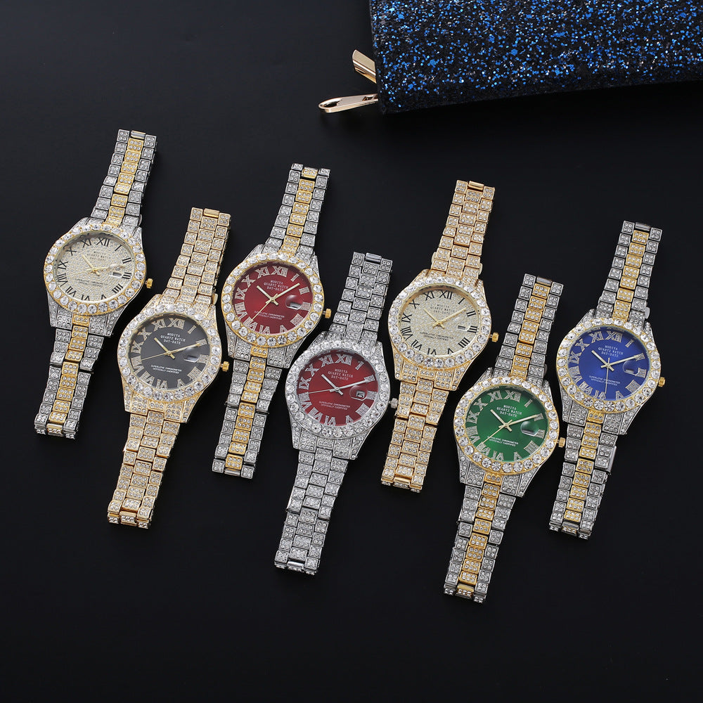 Luxury Diamond Quartz Watch with Day & Date – Gold Stainless Steel Wristwatch