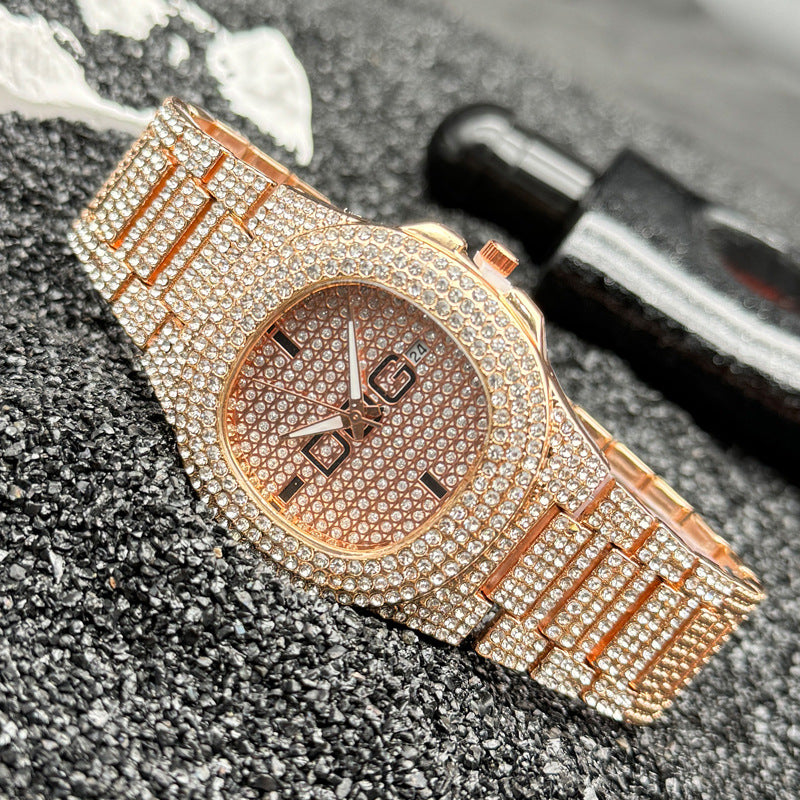 Gold Iced-Out Square Quartz Couple Watch with Date – 38mm