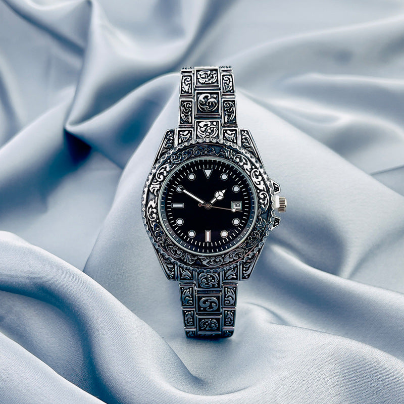 Vintage Gold Engraved Quartz Watch with Date – 43mm Men’s Watch