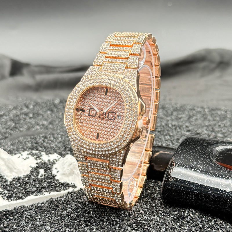 Gold Iced-Out Square Quartz Couple Watch with Date – 38mm