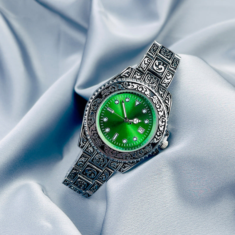 Vintage Gold Engraved Quartz Watch with Date – 43mm Men’s Watch