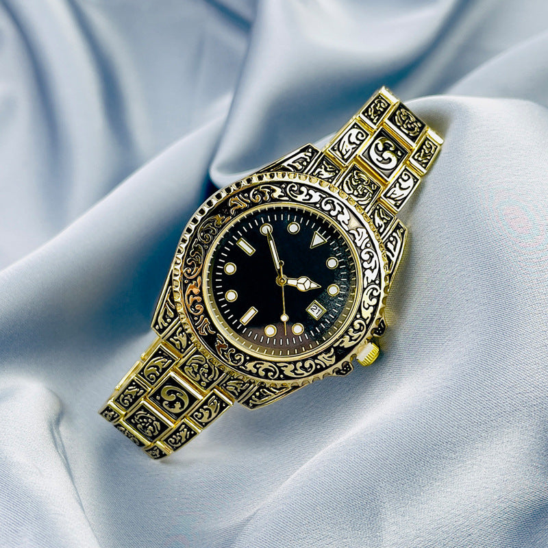 Vintage Gold Engraved Quartz Watch with Date – 43mm Men’s Watch