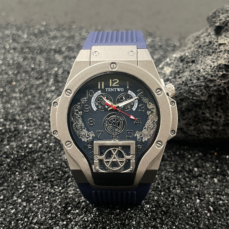 Men’s 46mm Dual Display Quartz Watch – Tonneau Dial Silicone Casual Sport Wristwatch – Multi-Color