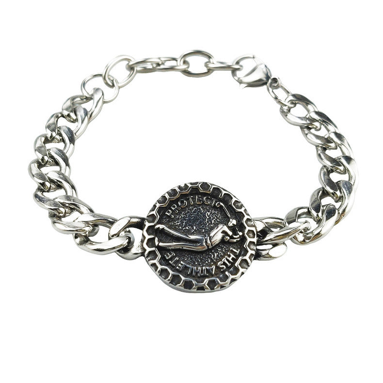 Hip-Hop Stainless Steel Retro Punk Skull Dragon Pattern Round Plate Sports Men's Bracelet Accessories Wholesale