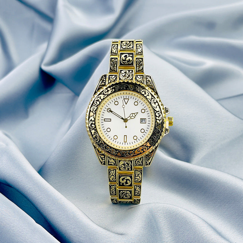 Vintage Gold Engraved Quartz Watch with Date – 43mm Men’s Watch