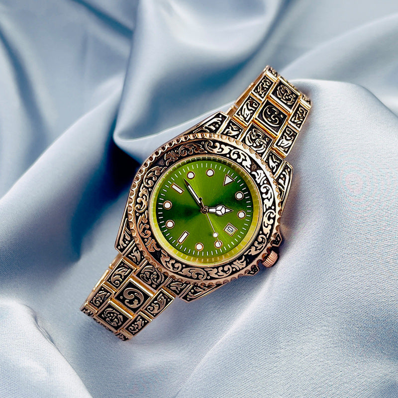 Vintage Gold Engraved Quartz Watch with Date – 43mm Men’s Watch