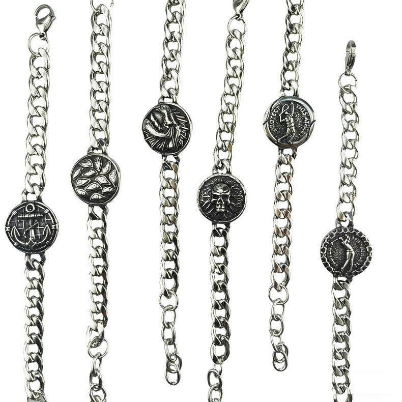 Hip-Hop Stainless Steel Retro Punk Skull Dragon Pattern Round Plate Sports Men's Bracelet Accessories Wholesale