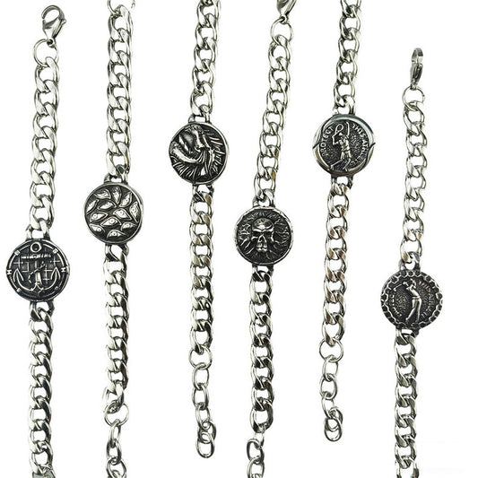 Hip-Hop Stainless Steel Retro Punk Skull Dragon Pattern Round Plate Sports Men's Bracelet Accessories Wholesale