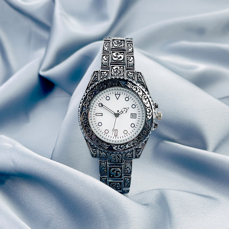 Vintage Gold Engraved Quartz Watch with Date – 43mm Men’s Watch