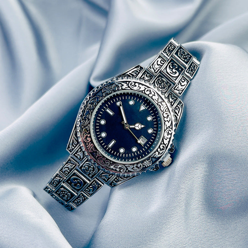 Vintage Gold Engraved Quartz Watch with Date – 43mm Men’s Watch