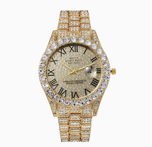 Luxury Diamond Quartz Watch with Day & Date – Gold Stainless Steel Wristwatch