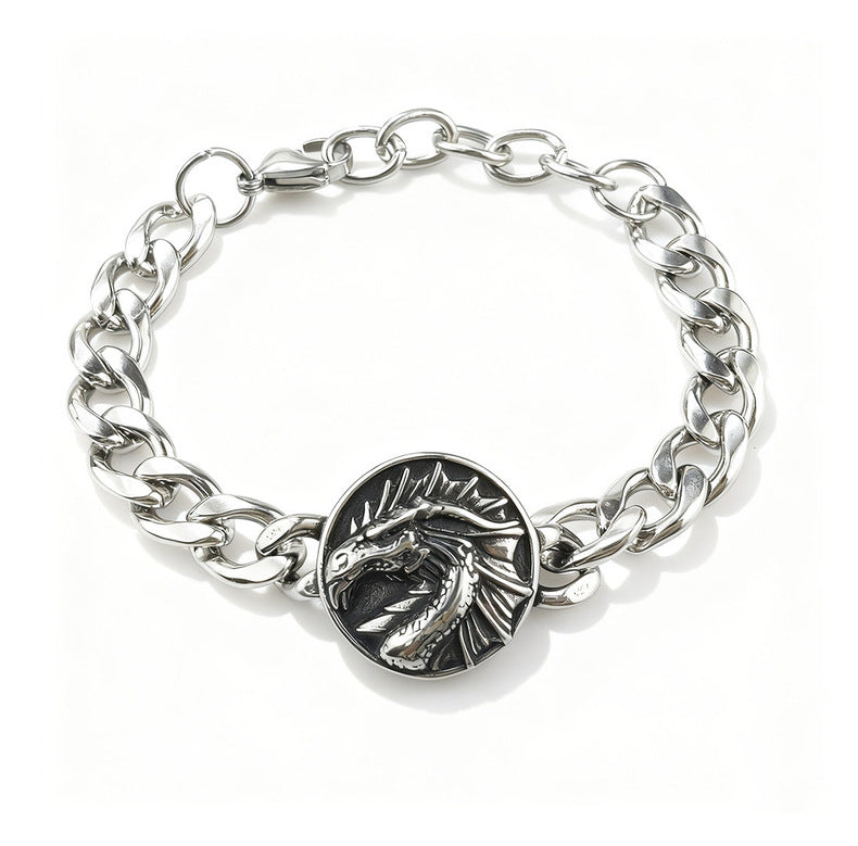 Hip-Hop Stainless Steel Retro Punk Skull Dragon Pattern Round Plate Sports Men's Bracelet Accessories Wholesale