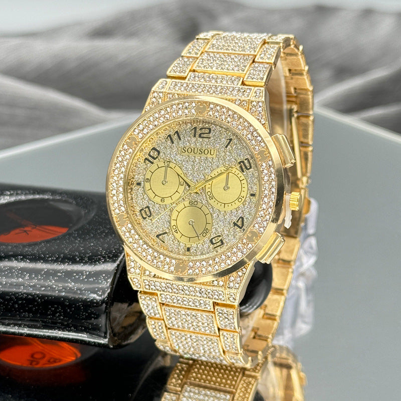 Gold Iced-Out Decorative Quartz Watch – 37mm Round Dial