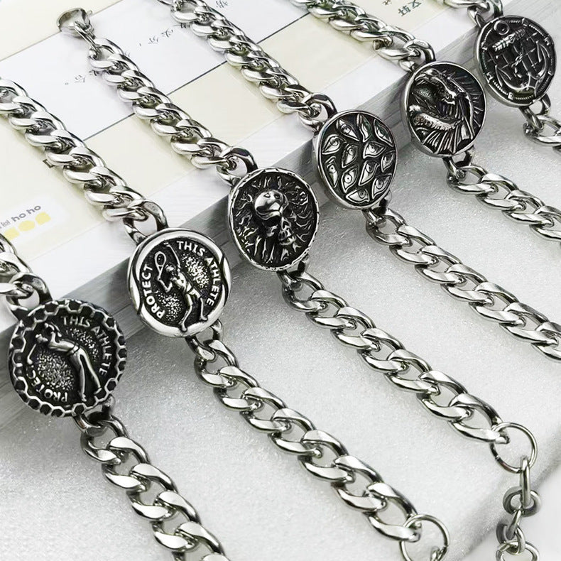 Hip-Hop Stainless Steel Retro Punk Skull Dragon Pattern Round Plate Sports Men's Bracelet Accessories Wholesale