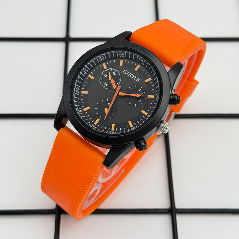 Sport Style Black & Yellow Quartz Watch with Silicone Strap – 42mm