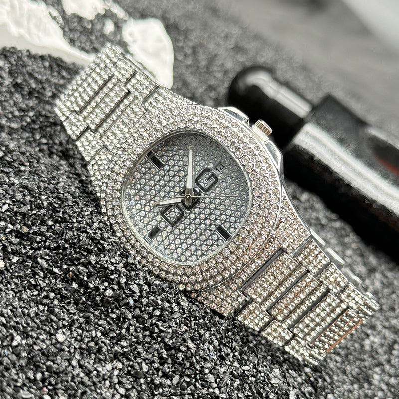 Gold Iced-Out Square Quartz Couple Watch with Date – 38mm