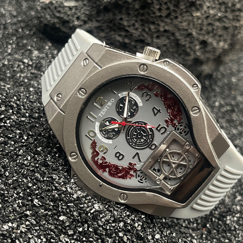 Men’s 46mm Dual Display Quartz Watch – Tonneau Dial Silicone Casual Sport Wristwatch – Multi-Color