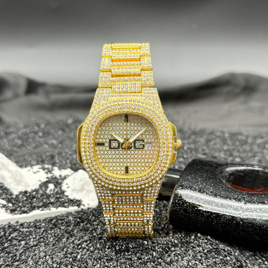 Gold Iced-Out Square Quartz Couple Watch with Date – 38mm
