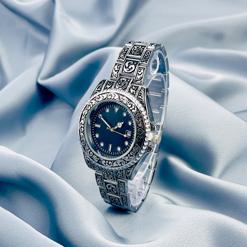 Vintage Gold Engraved Quartz Watch with Date – 43mm Men’s Watch