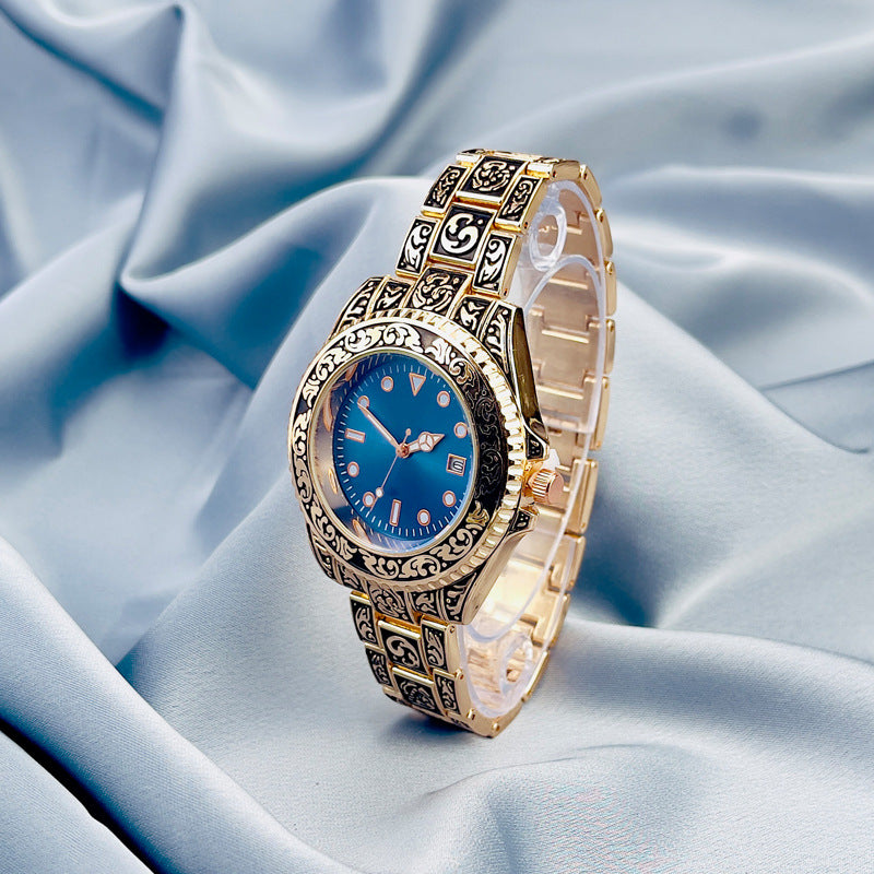 Vintage Gold Engraved Quartz Watch with Date – 43mm Men’s Watch