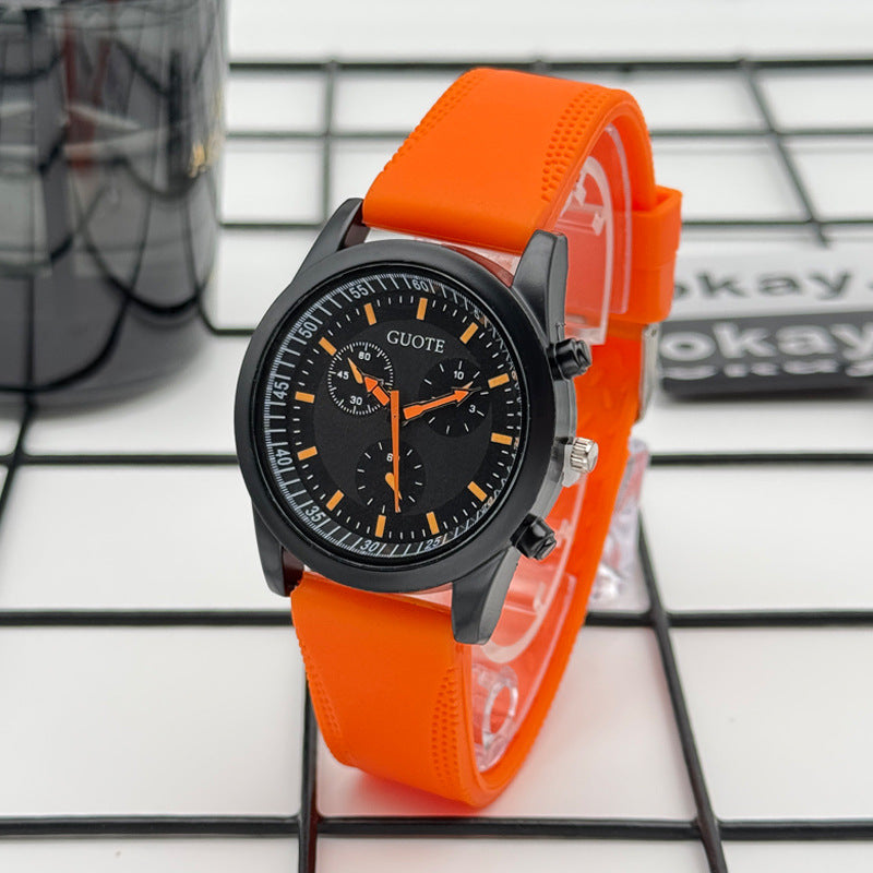 Sport Style Black & Yellow Quartz Watch with Silicone Strap – 42mm