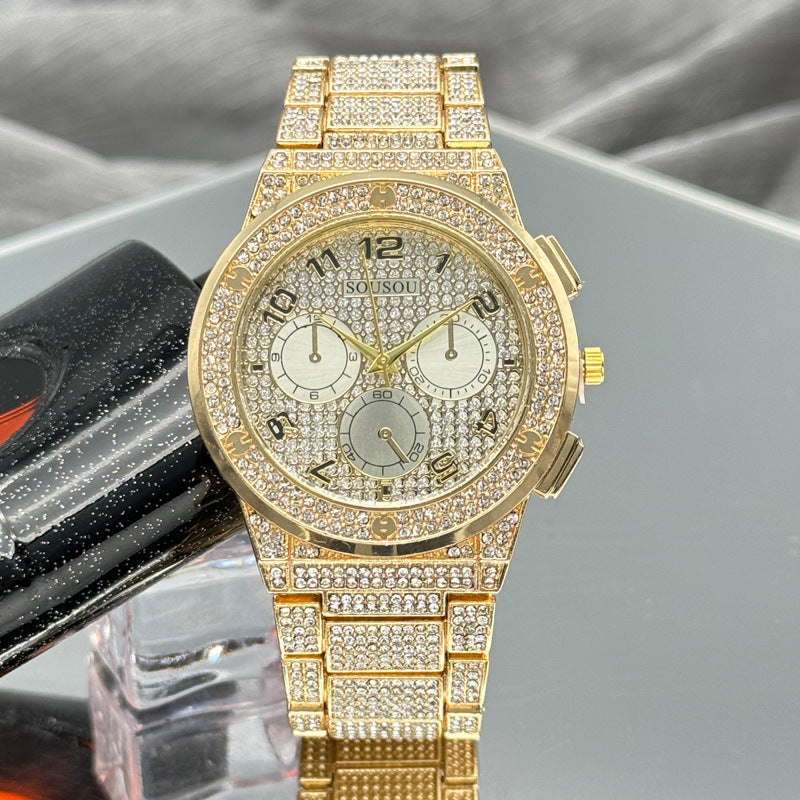 Gold Iced-Out Decorative Quartz Watch – 37mm Round Dial
