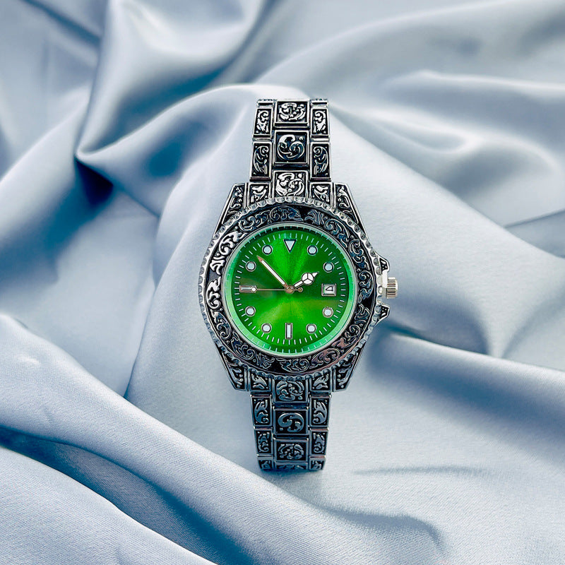 Vintage Gold Engraved Quartz Watch with Date – 43mm Men’s Watch