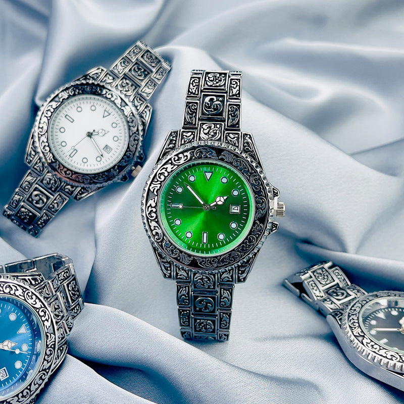 Vintage Gold Engraved Quartz Watch with Date – 43mm Men’s Watch