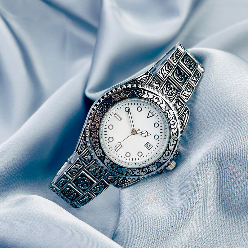 Vintage Gold Engraved Quartz Watch with Date – 43mm Men’s Watch