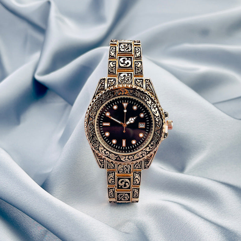 Vintage Gold Engraved Quartz Watch with Date – 43mm Men’s Watch