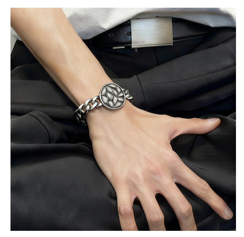 Hip-Hop Stainless Steel Retro Punk Skull Dragon Pattern Round Plate Sports Men's Bracelet Accessories Wholesale