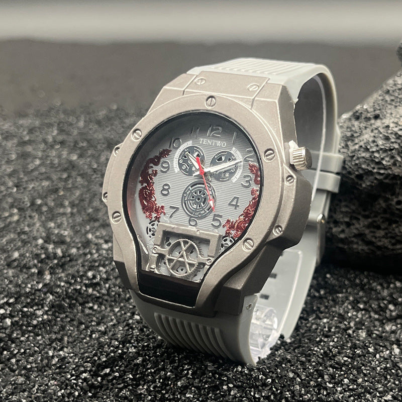 Men’s 46mm Dual Display Quartz Watch – Tonneau Dial Silicone Casual Sport Wristwatch – Multi-Color