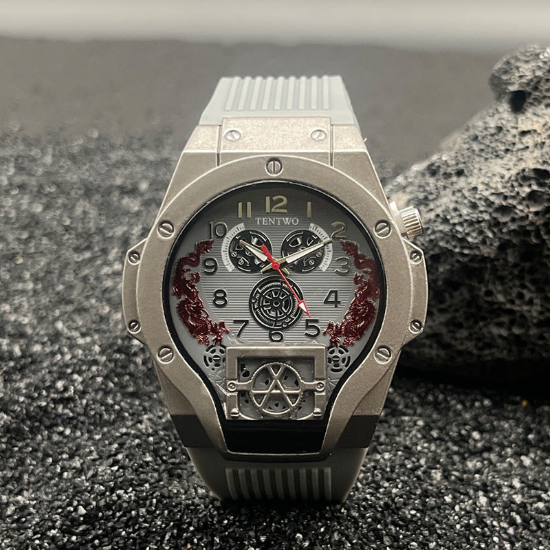 Men’s 46mm Dual Display Quartz Watch – Tonneau Dial Silicone Casual Sport Wristwatch – Multi-Color