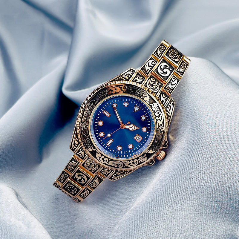 Vintage Gold Engraved Quartz Watch with Date – 43mm Men’s Watch