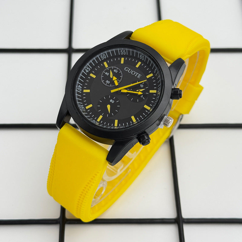 Sport Style Black & Yellow Quartz Watch with Silicone Strap – 42mm