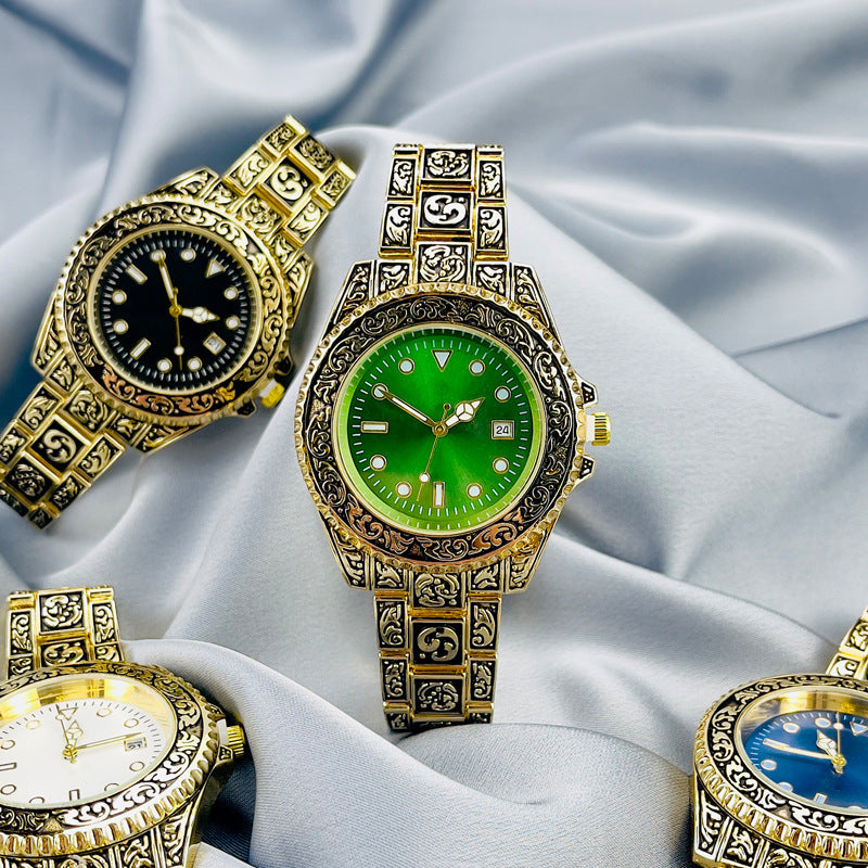 Vintage Gold Engraved Quartz Watch with Date – 43mm Men’s Watch