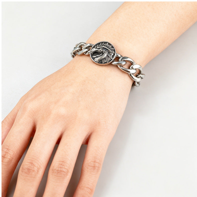 Hip-Hop Stainless Steel Retro Punk Skull Dragon Pattern Round Plate Sports Men's Bracelet Accessories Wholesale