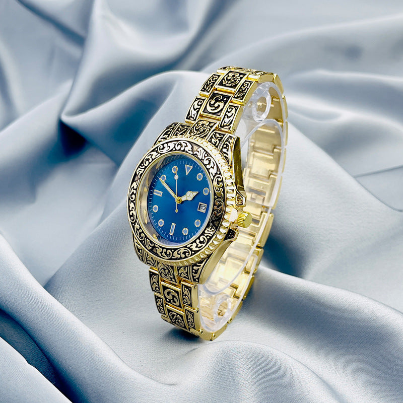 Vintage Gold Engraved Quartz Watch with Date – 43mm Men’s Watch