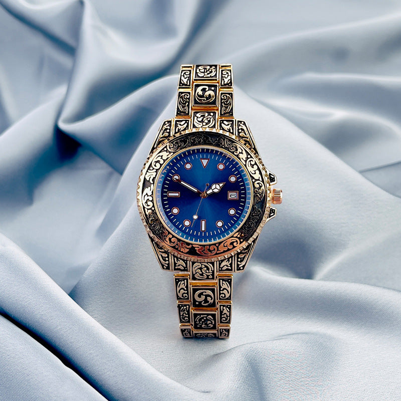 Vintage Gold Engraved Quartz Watch with Date – 43mm Men’s Watch