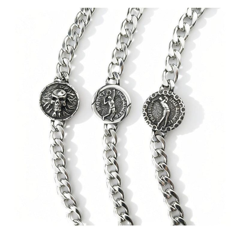 Hip-Hop Stainless Steel Retro Punk Skull Dragon Pattern Round Plate Sports Men's Bracelet Accessories Wholesale