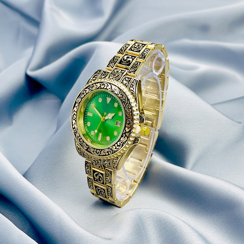 Vintage Gold Engraved Quartz Watch with Date – 43mm Men’s Watch