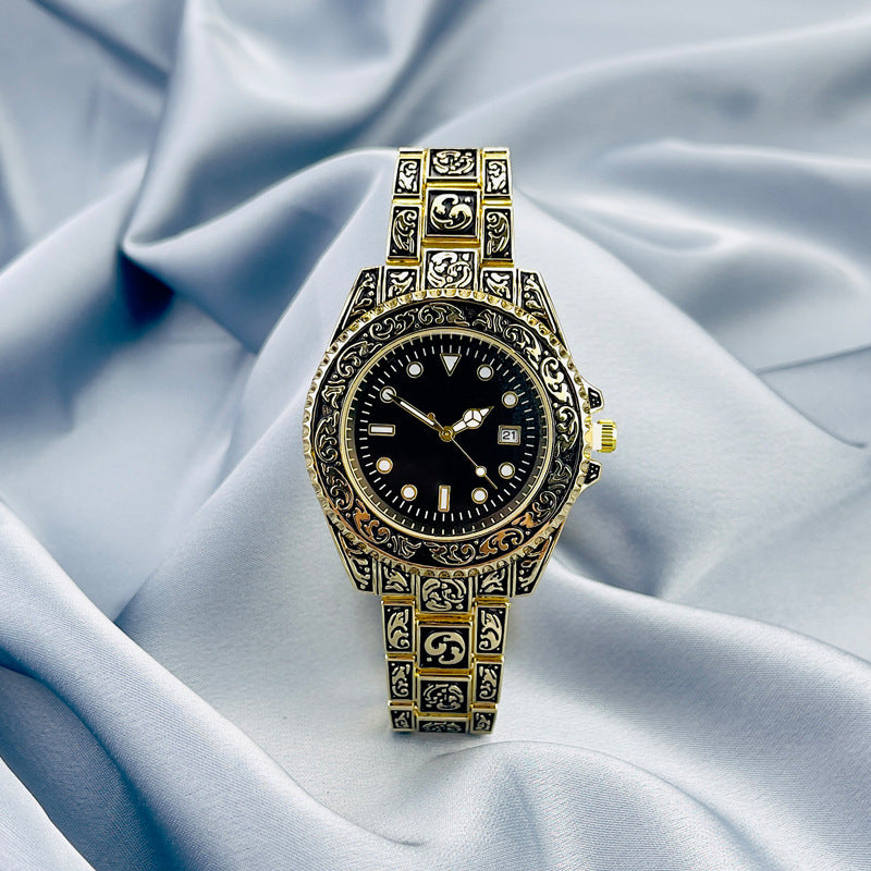 Vintage Gold Engraved Quartz Watch with Date – 43mm Men’s Watch