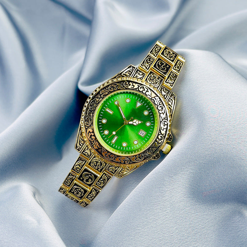 Vintage Gold Engraved Quartz Watch with Date – 43mm Men’s Watch