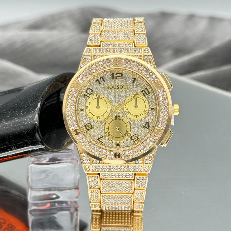Gold Iced-Out Decorative Quartz Watch – 37mm Round Dial