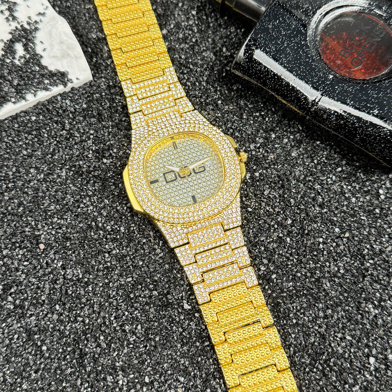 Gold Iced-Out Square Quartz Couple Watch with Date – 38mm