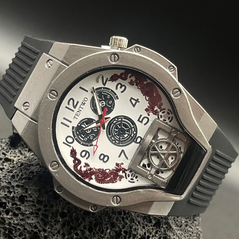 Men’s 46mm Dual Display Quartz Watch – Tonneau Dial Silicone Casual Sport Wristwatch – Multi-Color