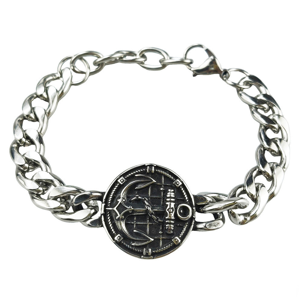 Hip-Hop Stainless Steel Retro Punk Skull Dragon Pattern Round Plate Sports Men's Bracelet Accessories Wholesale