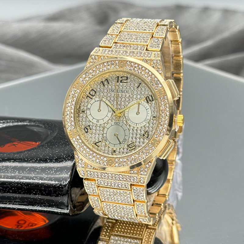 Gold Iced-Out Decorative Quartz Watch – 37mm Round Dial