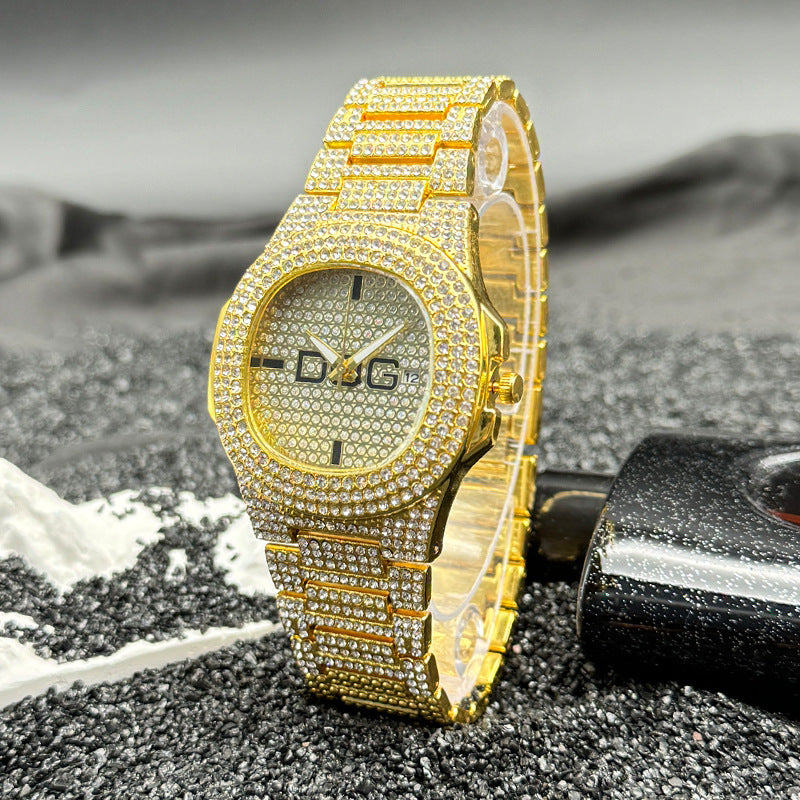 Gold Iced-Out Square Quartz Couple Watch with Date – 38mm